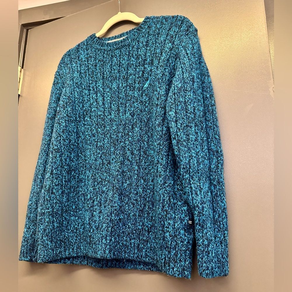 Nautica‎ Blue Marled Knit Crewneck Sweater Large Long Sleeve Pullover Logo - Picture 5 of 8